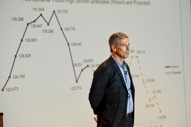 Chancellor of the Pennsylvania State System of Higher Education speaks during an open forum at the Kutztown University McFarland Student Union