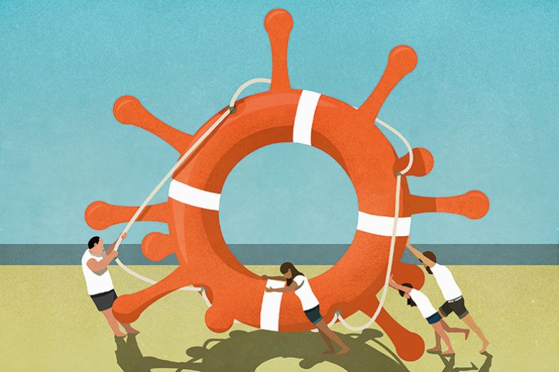 Illustration of people pushing a lifebelt shaped like a coronavirus on the beach Illustration of people pushing a lifebelt shaped like a coronavirus on the beach