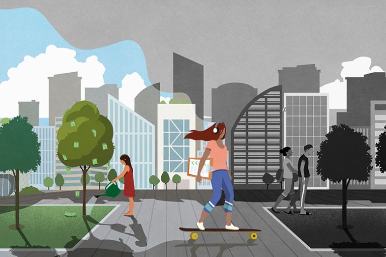 Illustration of a woman skateboarding through a city holding a clipboard Illustration of a woman skateboarding through a city holding a clipboard