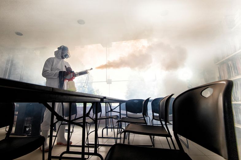 Disinfecting a classroom. Coronavirus. Disinfecting a classroom. Coronavirus.