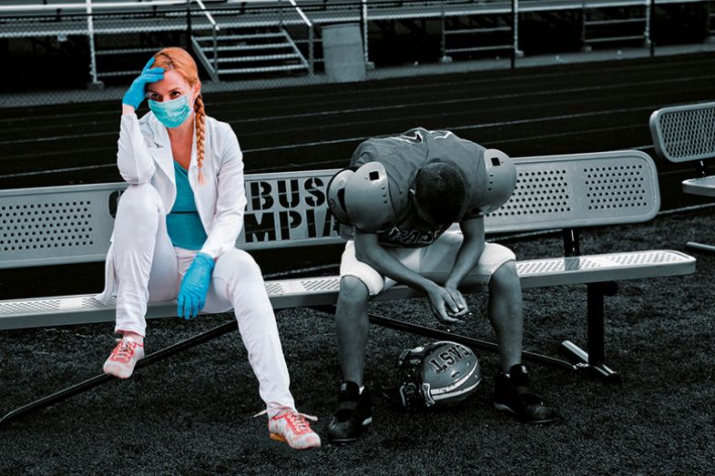 Montage of female scientist sitting next to American football player on bench Montage of female scientist sitting next to American football player on bench