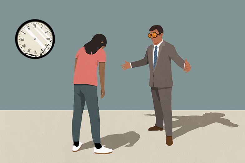 Illustration of people in conversation with broken clock on wall. To illustrate the Time Waster academic type. Illustration of people in conversation with broken clock on wall. To illustrate the Time Waster academic type.