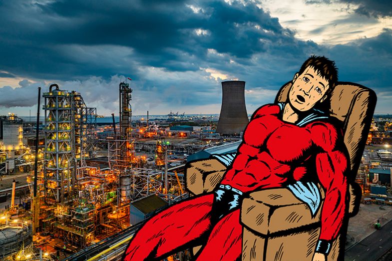 A tired superhero with a Humber refinery in the background. To illustrate that if the future is fewer, larger institutions, we need to consolidate with purpose, protecting regional research. A tired superhero with a Humber refinery in the background. To illustrate that if the future is fewer, larger institutions, we need to consolidate with purpose, protecting regional research.