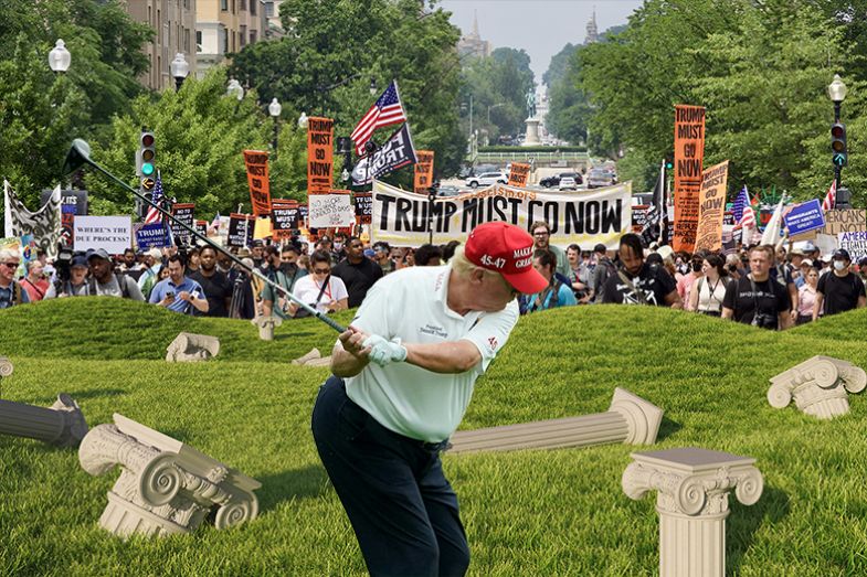 Donald Trump hitting university columns with a golf club, with crowd from the “No Kings” protest in Washington, DC, on 14 June 2025 in the background. To illustrate Trump’s attack on “woke” universities. Donald Trump hitting university columns with a golf club, with crowd from the “No Kings” protest in Washington, DC, on 14 June 2025 in the background. To illustrate Trump’s attack on “woke” universities.