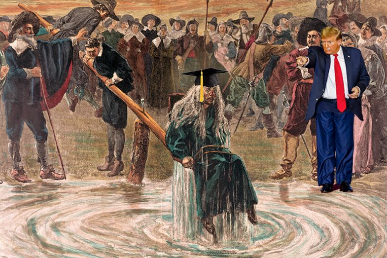 A witch trial with Donald Trump pointing at the witch wearing a mortar board. To illustrate attacks from the right on liberalism at US universities.