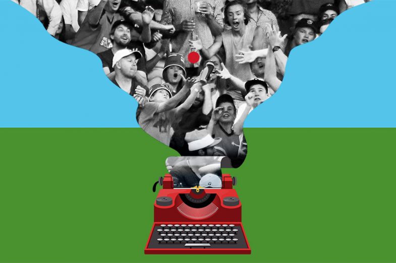 Typewriter with paper emerging from it showing a cricket crowd attempting to catch the ball. Illustrating that writing for popular media can attract a broader audience.
