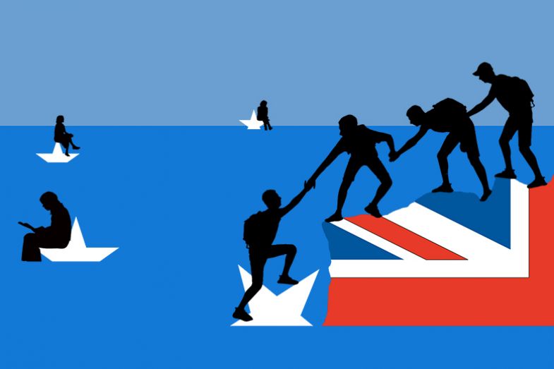 Illustration showing people helping someone on to an island representing the UK. Others are alone on white stars from the US flag in the water. To illustrate that the geography of the UK makes it easier for academics to network.