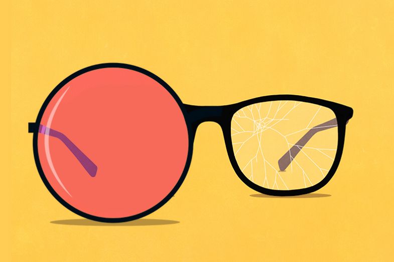 Illustration of pair of spectacles, one side broken and the other in a 1960s style with rose tint. To illustrate the Undermining Comparer academic type. Illustration of pair of spectacles, one side broken and the other in a 1960s style with rose tint. To illustrate the Undermining Comparer academic type.