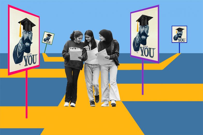 Students having opened their A-level results walking along path, with various signs from universities that want them on diverging paths. To illustrate that universities are keen to attract students through clearing, which gives students choice.