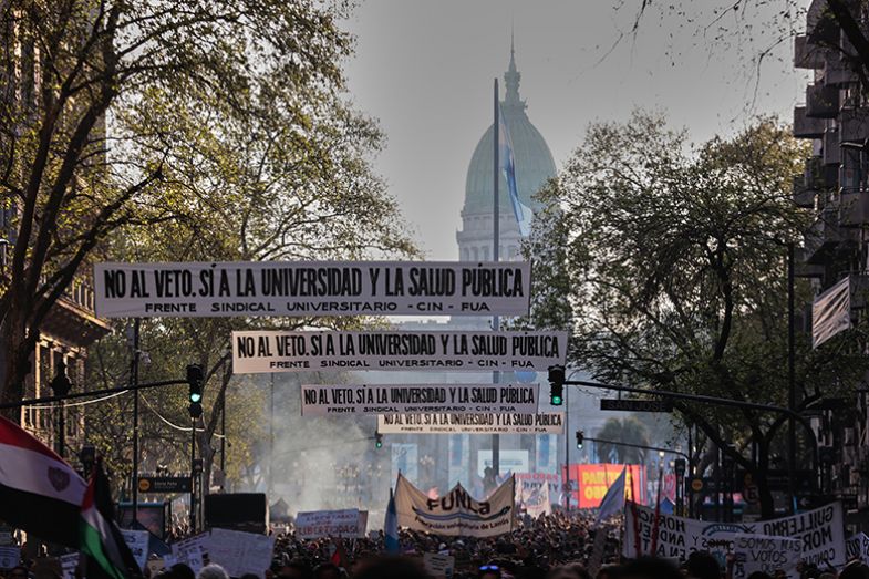 University students, professors and union groups march toward the National Congress to reject President Javier Milei’s veto of the University Financing Law, in Buenos Aires, Argentina, on 17 September 2025. University students, professors and union groups march toward the National Congress to reject President Javier Milei’s veto of the University Financing Law, in Buenos Aires, Argentina, on 17 September 2025.