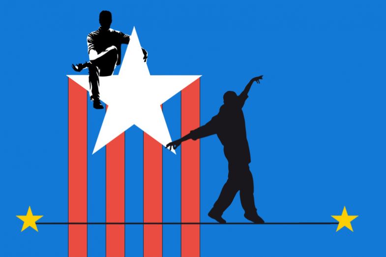Illustration showing person sitting comfortably on a star of the US flag, while another balances between two yellow stars from the European Union flag. To illustrate the security of tenure in the US and the precarity of academic jobs elsewhere. 