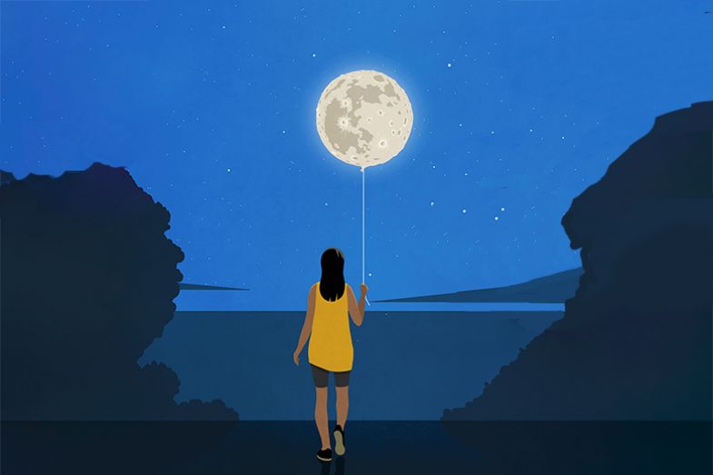 Illustration of woman holding the moon by a string. To illustrate the Visionary Dreamer academic type. Illustration of woman holding the moon by a string. To illustrate the Visionary Dreamer academic type.