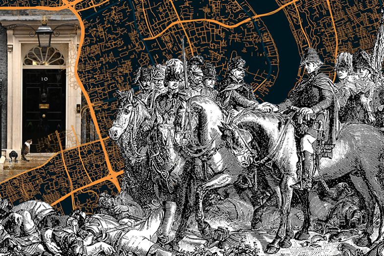 The meeting of Wellington and Blücher after the Battle of Waterloo, with a map behind and 10 Downing Street. To illustrate merging politics, history and geography departments.