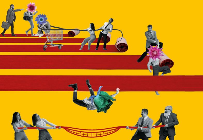 Montage people with ropes netting flowers on heads