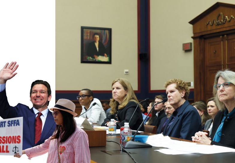 Montage of Presidents before the House Education and Workforce Committee at the Rayburn House Office Building, Ron DeSantis waving and a protester with a fair admissions for all banner Montage of Presidents before the House Education and Workforce Committee at the Rayburn House Office Building, Ron DeSantis waving and a protester with a fair admissions for all banner