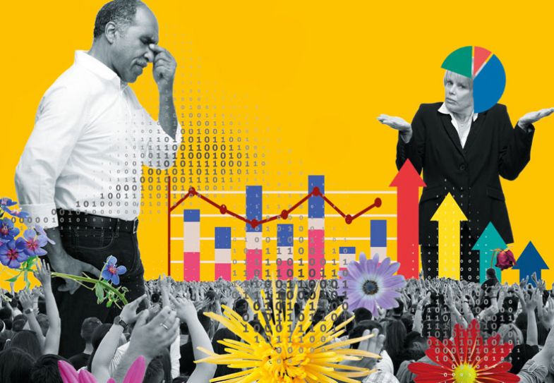 Montage woman shrugging man hand over eyes flowers and graphs