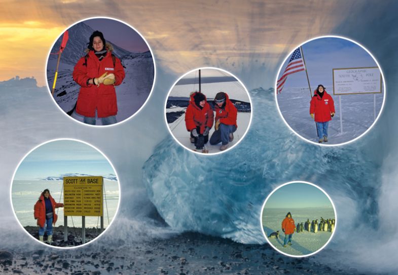 Montage of Susan Solomon at various locations while at visiting the Arctic on background of waves splashing onf a washed up iceberg block Montage of Susan Solomon at various locations on background Waves splasing on a washed up iceberg block