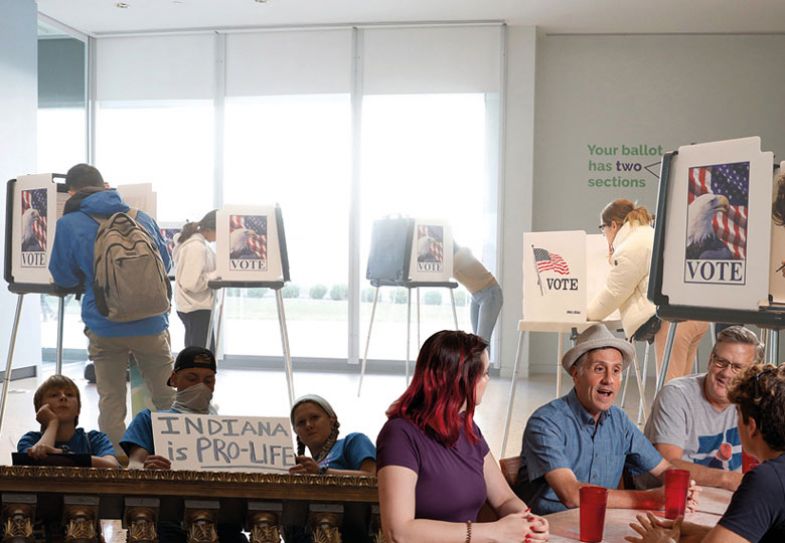 Montage of protestors in Indiana, A voting station and David Sanders chatting at a table  Montage of protestors in Indiana, A voting station and David Sanders chatting at a table