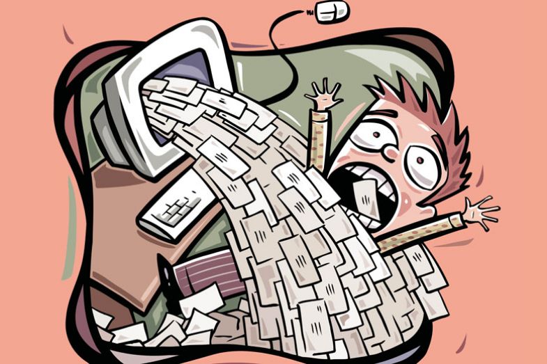 Illustration of a person covered in envelopes falling out of a computer screen Illustration of a person covered in envelopes falling out of a computer screen to illustrate to much spam from University emails.