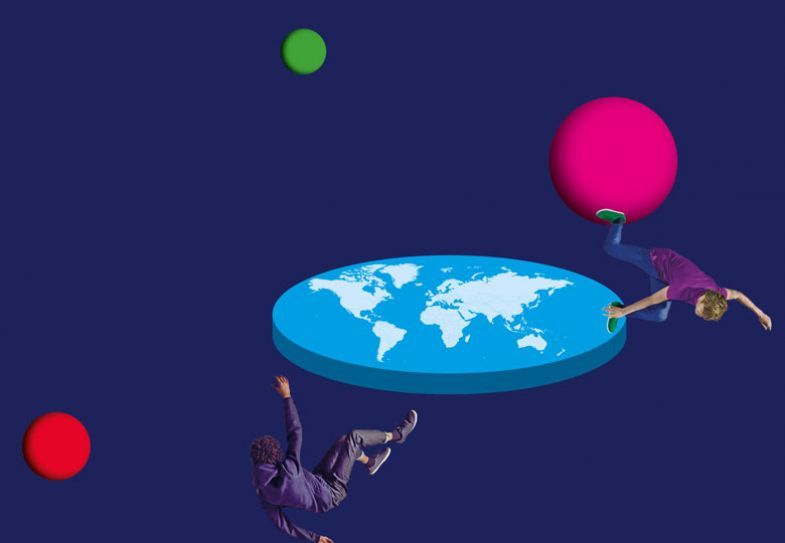 Two people falling in space off a flat planet of the world Two people falling off flat planet to illustrate you can't have it all