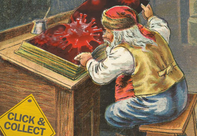 Santa reading a Coronavirus book with a sign reading 'Click & collect' Santa reading a Coronavirus book with a sign reading 'Click & collect'