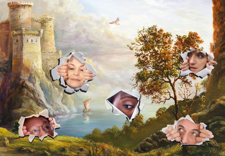 Montage of people peeking through a painting Montage of people peeking through a painting