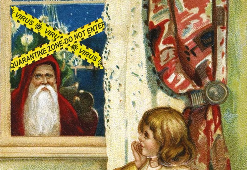 Santa looking through window with yellow tape over window reading 'Quarantinezone-do not enter' Santa looking through window with yellow tape over window reading 'Quarantinezone-do not enter'