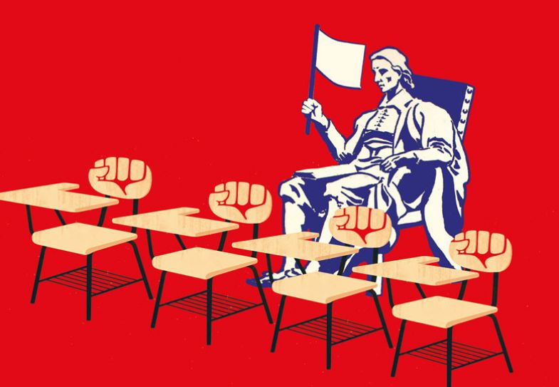 Montage man with white flag sitting behind lecture chairs with a fist in each one Montage man with white flag sitting behind lecture chairs with a fist in each one