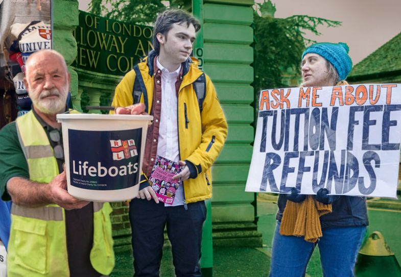 Montage of a lifeboat volunteer and tuition fee protesters Montage of lifeboat volunteer and tuition fee protesters to illustrate Why UK universities are really going broke