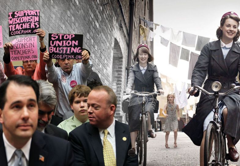 Montage of Wisconsin governor Scott Walker and members of Code Pink with a film still from the Drama Call the Midwife Montage of Wisconsin governor Scott Walker and members of Code Pink with an image from the Drama Call the Midwife