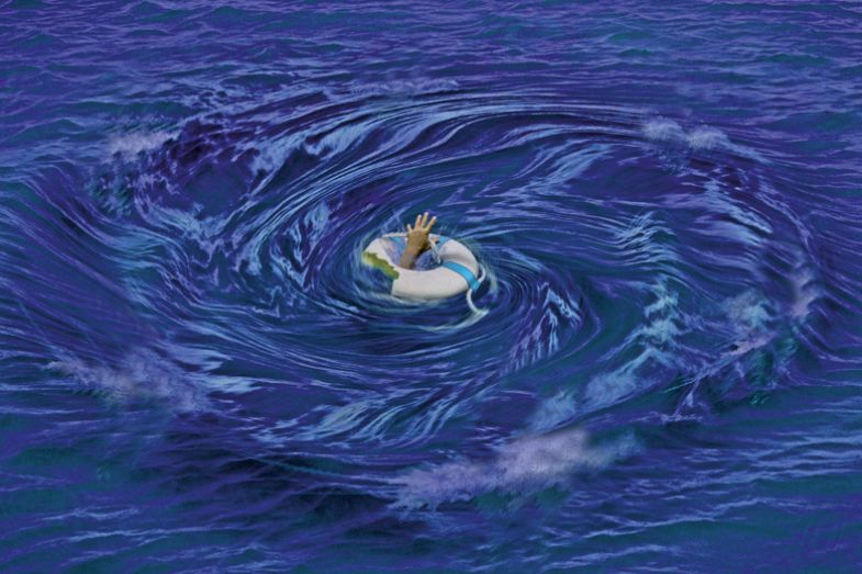 Illustration of a life ring with hand in water sinking Illustration of a life ring with hand in water sinking