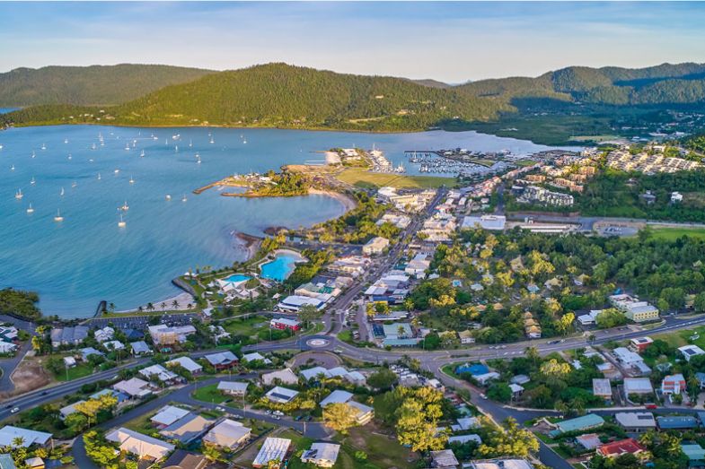Panorama aerial view of the main street of Airlie beach Panorama aerial view of the main street of Airlie beach as mentioned in the copy
