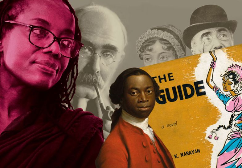 Montage of famous people with a novel, The Guide. Montage of famous people with a novel, The Guide.