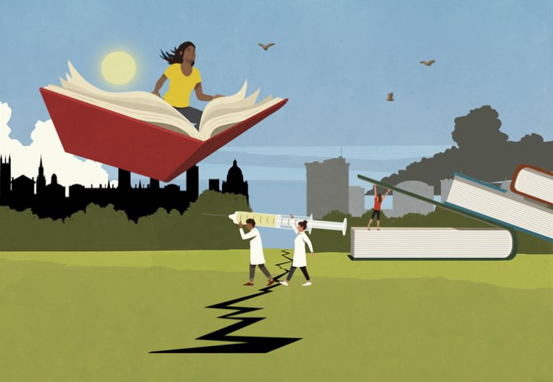 Illustration of person on a flying book and two people carrying a string with huge books in the background Illustration of person on a flying book and two people carrying a string with huge books in the background