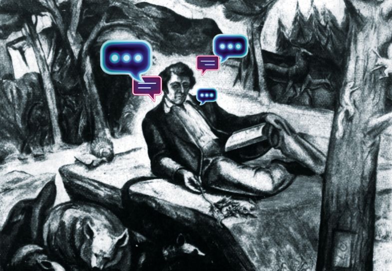 Montage painting of Thoreau, Henry David, portrait with animals in the forest and chatbot speech bubbles around him Painting of Thoreau, Henry David, portrait with animals in the forest and chatbot speech bubbles around him