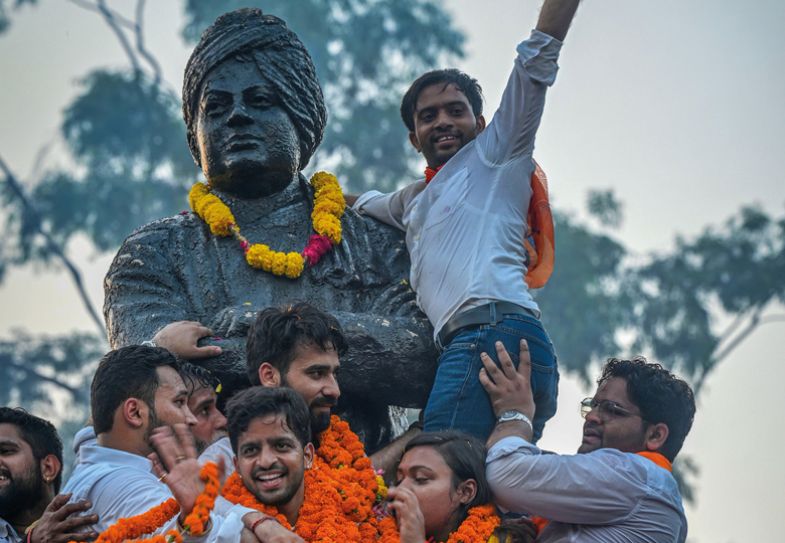 Candidates Tushar Dedha (President), Aprajiita(Secretary), and Sachin Baisla(Joint Sect) celebrating after winning all the three posts in the Delhi University Students Union (DUSU) elections, at Delhi University Candidates Tushar Dedha (President), Aprajiita(Secretary), and Sachin Baisla(Joint Sect) celebrating after winning all the three posts in the Delhi University Students Union (DUSU) elections, at Delhi University