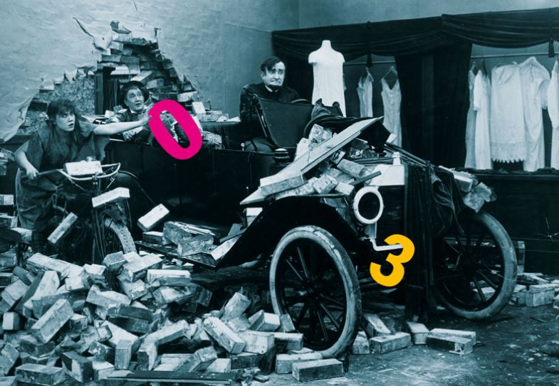 Montage of silent film still: Accidents, of car driven into brick wall to illustrate ‘It can be hard to give a low mark even  for terrible work’ and lady handing number 0 to the driver