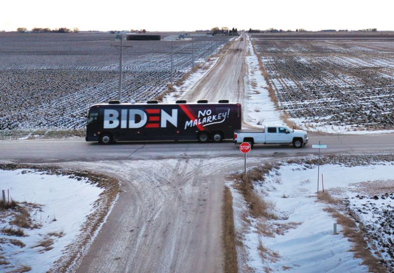 An aerial view shows the campaign bus of Democratic presidential candidate, former Vice President Joe Biden as it travels from a campaign stop in Algona An aerial view shows the campaign bus of Democratic presidential candidate, former Vice President Joe Biden as it travels from a campaign stop in Algona