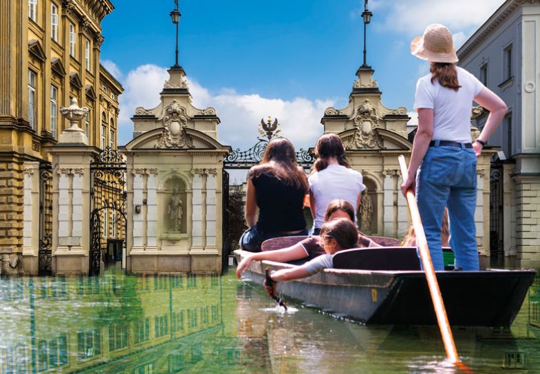 Montage of people on row boat with the gates of Warsaw University and the main building. Poland Montage of people on row boat with the gates of Warsaw University and the main building. Poland to illustrate The price of not fitting in