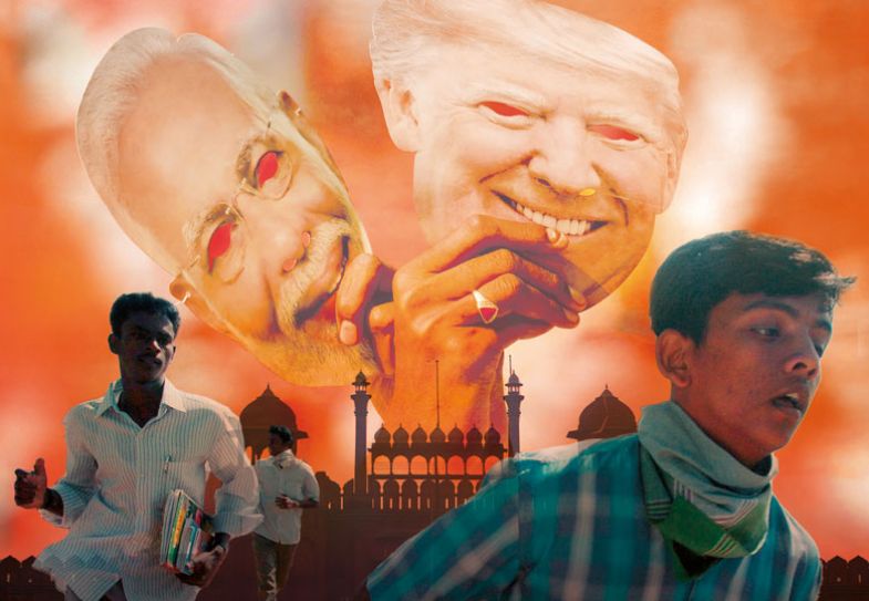 Lahore Gate at the Red Fort, Lal Qila, seat of Mughal power and a symbol of Indian nationhood, Delhi, India with a hand holding two masks behind Lahore Gate at the Red Fort, Lal Qila, seat of Mughal power and a symbol of Indian nationhood, Delhi, India with a hand holding two masks behind