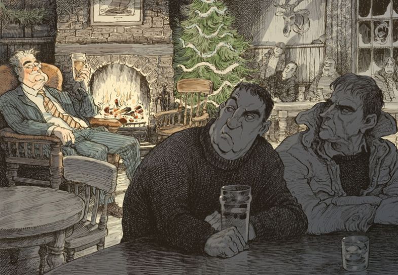 Two men looking at happy man drinking behind them Two men looking at happy man drinking behind them