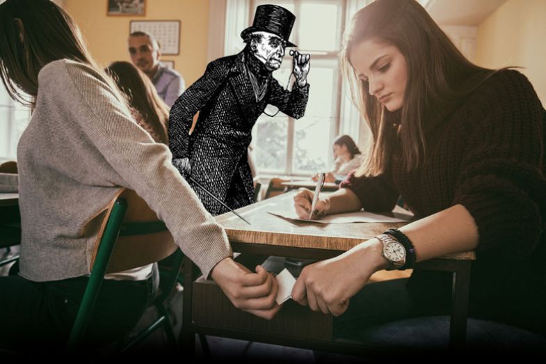 Teenage girls cheating during exam and passing paper note in the classroom Teenage girls cheating during exam and passing paper note in the classroom. with a drawing of person in top hat looking as a metaphor for Sympathy for Mr Gradgrind
