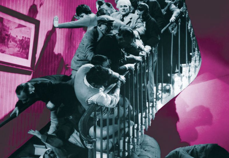 Film still of people falling down stairs Film still of people falling down stairs to illustrate Job market forces