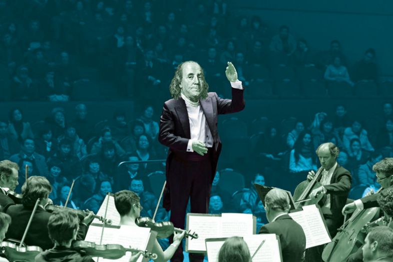 Montage of Benjamin Franklin as a conductor to an orchestra Montage of Benjamin Franklin as a conductor to an orchestra