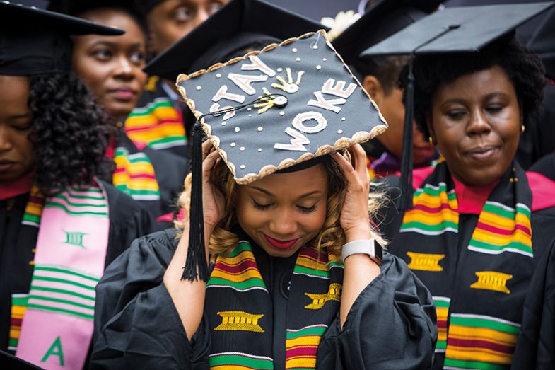 Mortar board with 'Stay woke' slogan Mortar board with 'Stay woke' slogan