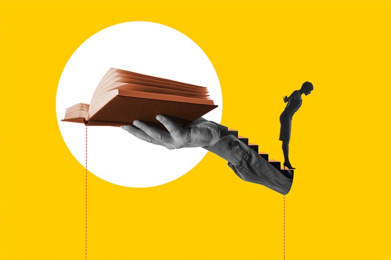 Woman looking over the edge of stairs heading down from a book. Illustrating the precarious nature of finding a plan B career if made redundant from academia.
