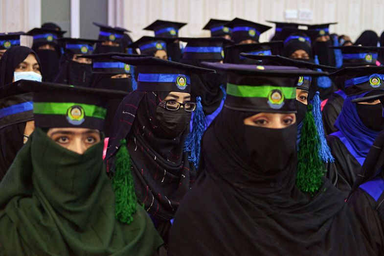 Female students from the faculties of engineering and computer science attend their graduation ceremony at Benawa University in Kandahar, Afghanistan on 17 March 2022.