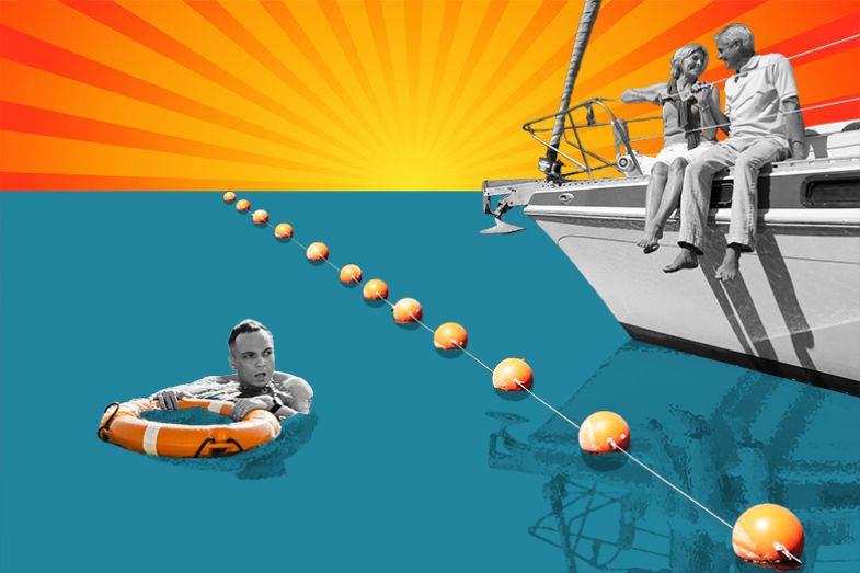 Person in a lifebelt looking at retired people on yacht, illustrating how university staff can be locked out of the Teacher's Pension Scheme by being employed through a subsidiary company. Person in a lifebelt looking at retired people on yacht, illustrating how university staff can be locked out of the Teacher's Pension Scheme by being employed through a subsidiary company.