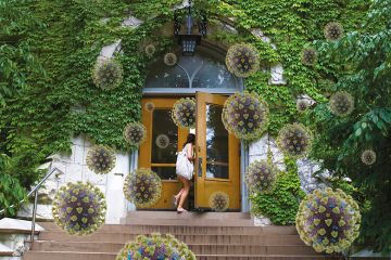 Montage of university entrance with coronavirus