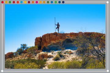 Giant stylised silhouette of an Aboriginal man with spear in the Western Australian outback near Mount Magnet. To illustrate Australia claiming top billing in the Impact Rankings 2025. Giant stylised silhouette of an Aboriginal man with spear in the Western Australian outback near Mount Magnet. To illustrate Australia claiming top billing in the Impact Rankings 2025.